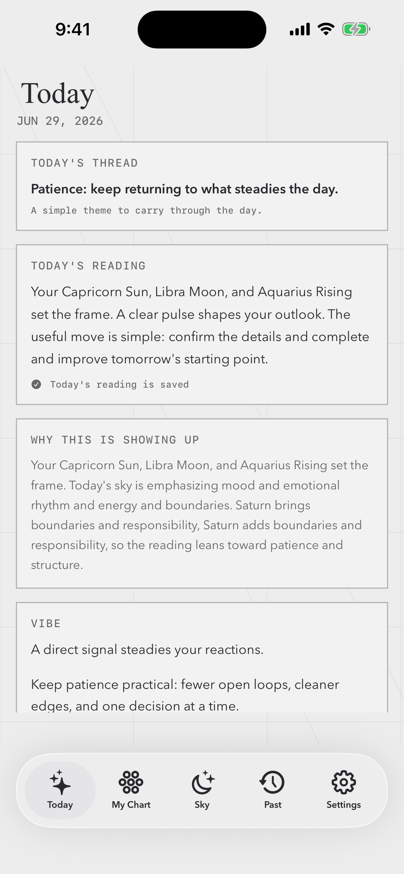 Star and Silk Today screen showing a private daily astrology reading.