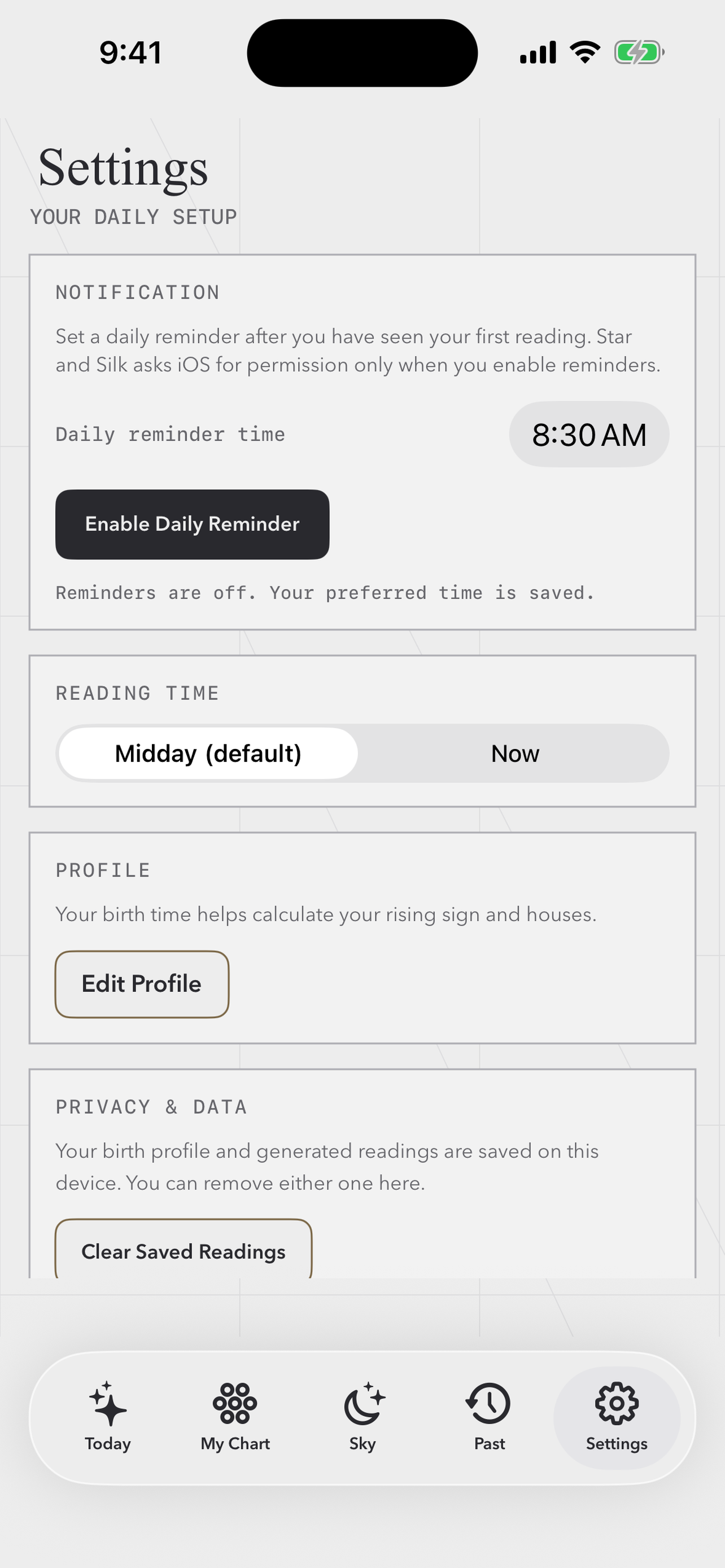 Settings screen showing reminders and privacy controls.