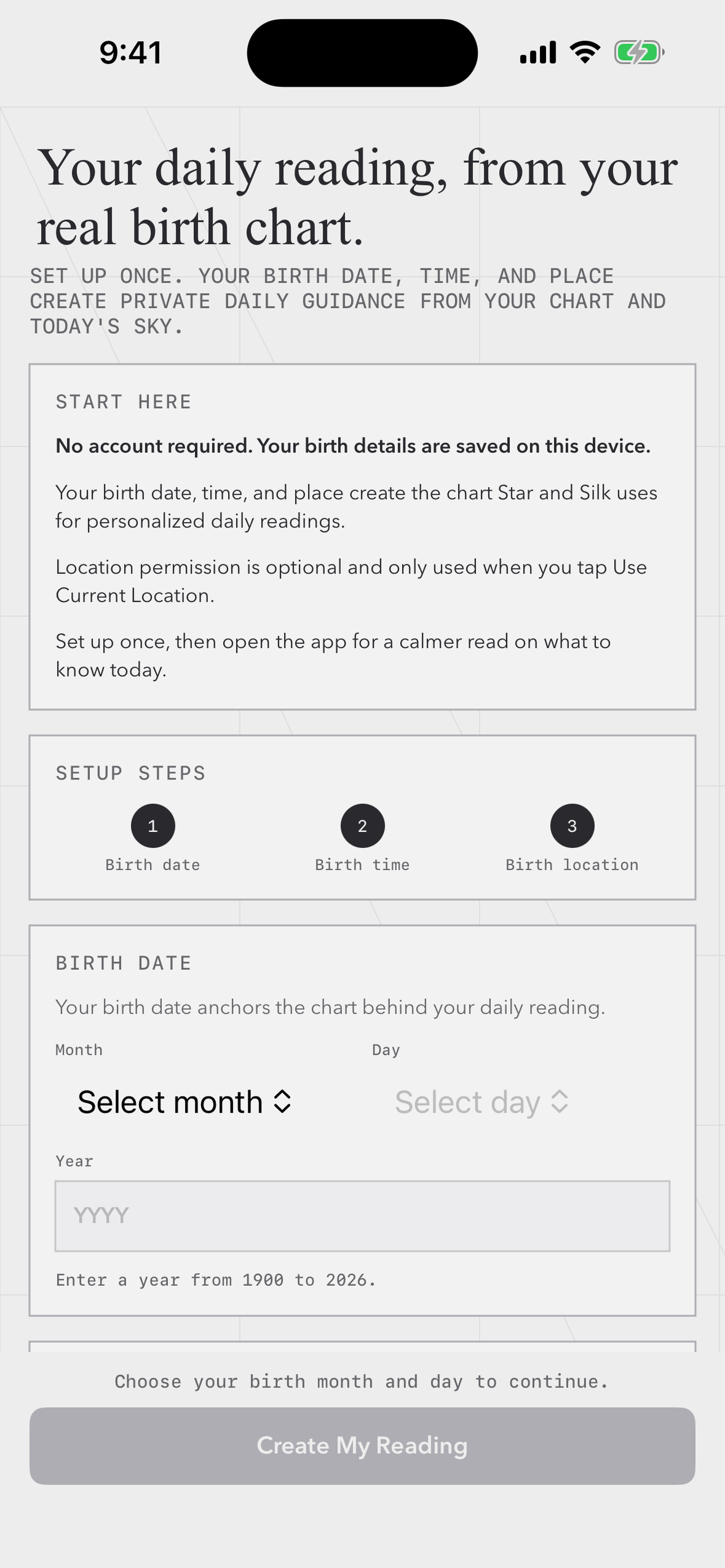 Onboarding screen explaining private birth chart setup.